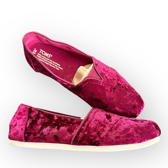 Toms Crushed Velvet Royal Burgundy Slip On Flats 9 - Picture 6 of 6